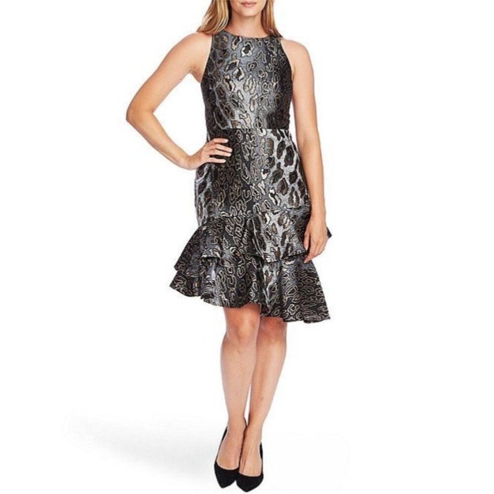 Vince Camuto Animal Print Fit and Flare Dress Size 0 Sleeveless Metallic New